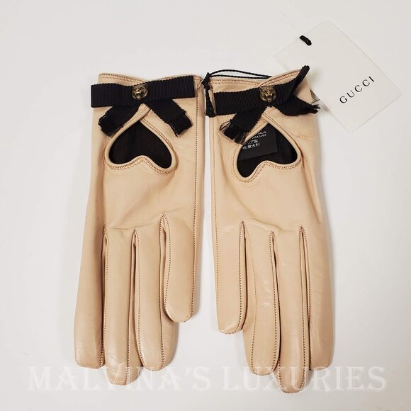 GUCCI GLOVES 477970 BEIGE LEATHER HEART CUT-OUT CAT FELINE HEAD - Picture 2 of 12